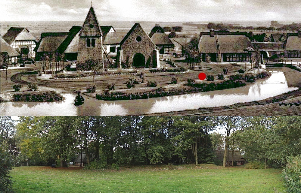 Collage der vollständigen Anlage (Postkartenmotiv) mit einem aktuellen Foto. Der rote Punkt zeigt in etwa den Standpunkt des Fotografen. Rechts im Bild ist das Sielhaus mit der Brücke gut zu sehen.